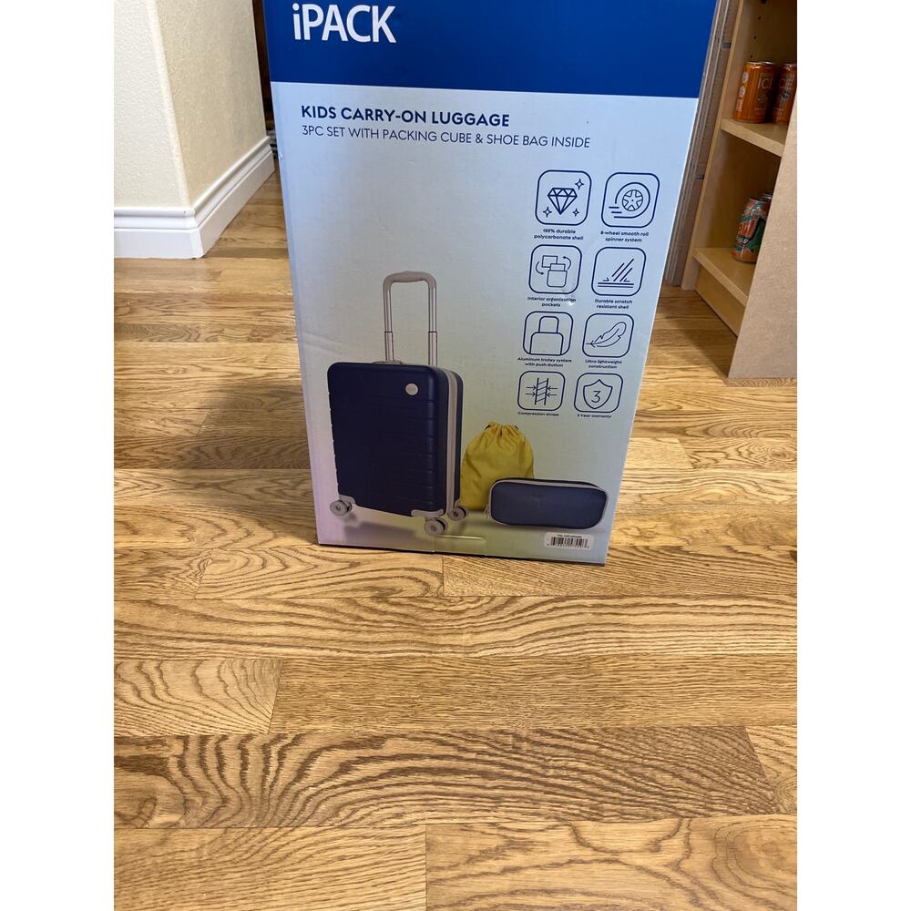 iPack Kids Carry-On Luggage 3 pc Set w/ packing cube & shoe bag in a dark blue